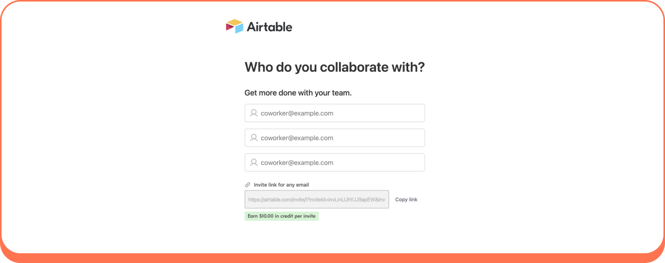 Airtable’s referral marketing link during the onboarding flow